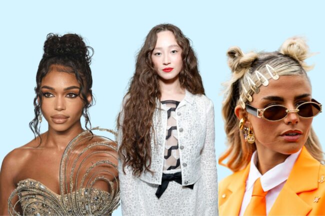 Model with 90s-inspired crimped hair and butterfly clips