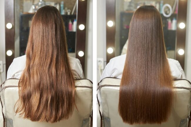 Side-by-side before and after results of a professional keratin smoothing treatment on long brown hair in Rye, NY.