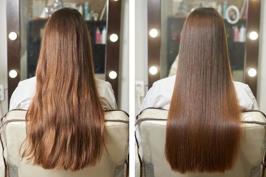 Side-by-side before and after results of a professional keratin smoothing treatment on long brown hair in Rye, NY.
